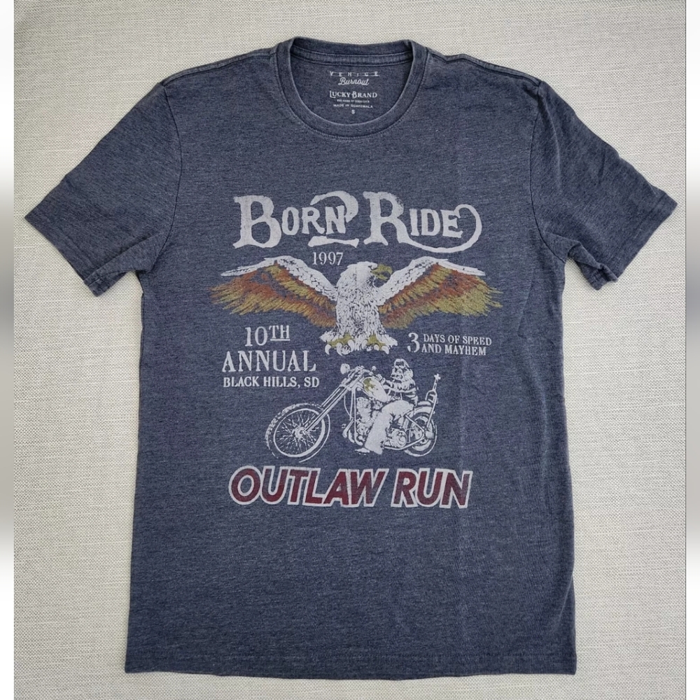 Lucky Brand Sturgis Bike Week Blue Burnout Tshirt Born 2 Ride Short Sleeve Men